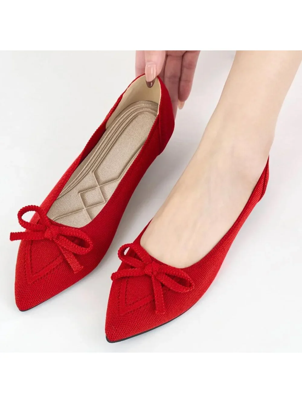 Women's Red Ballet Flats Shoes Dressy Pointed Toe Bow Knit Flats Comfortable